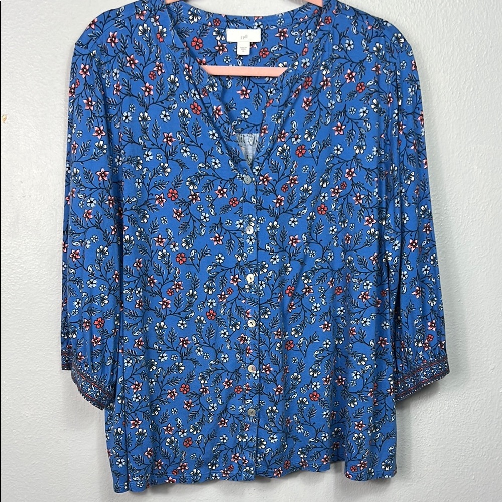 J. Jill Blue Floral Button-Front Blouse